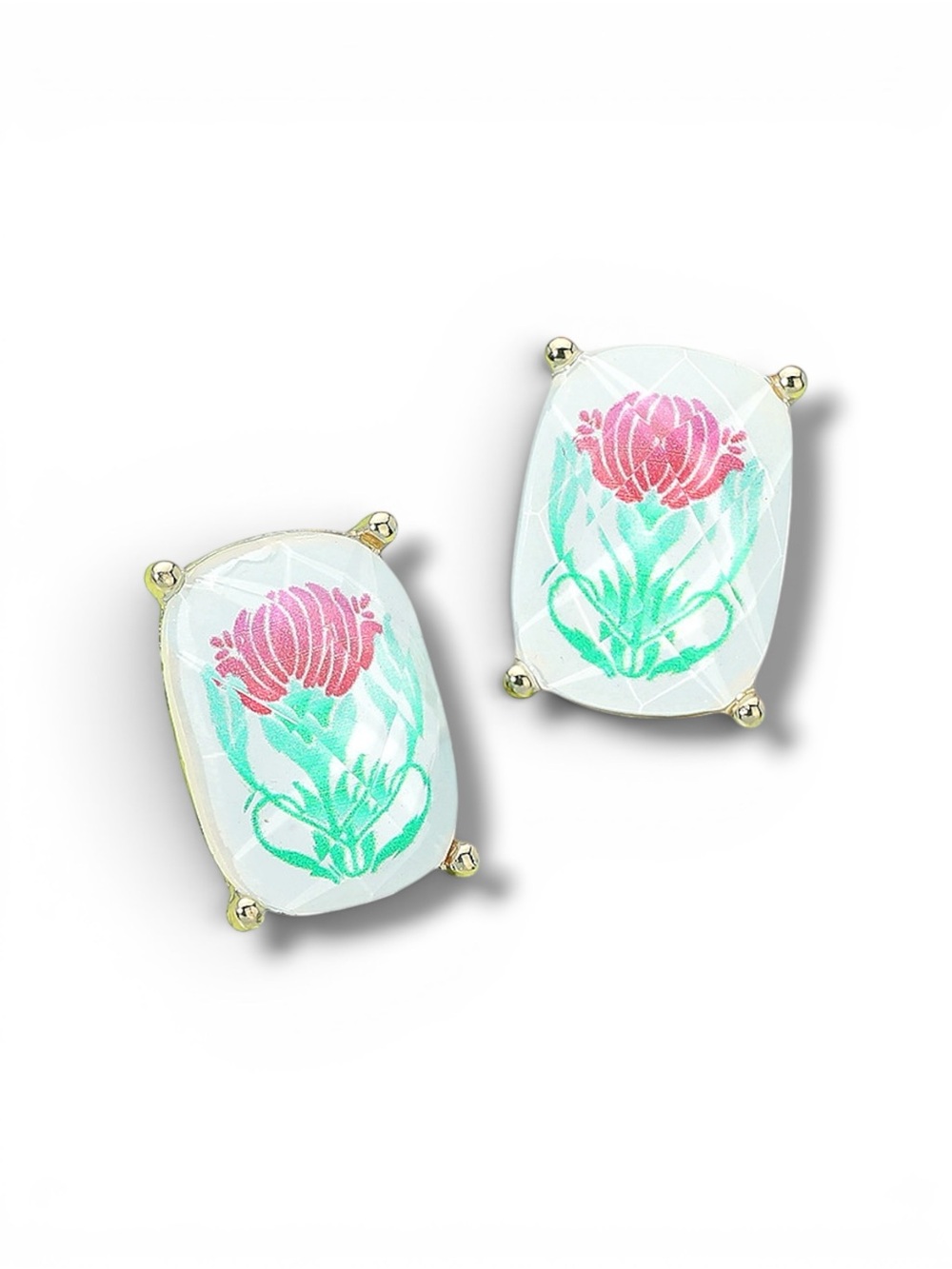 Mahjong Tile Earrings Bejeweled Stud Floral Chinoiserie Mother of Pearl Gold NWT
